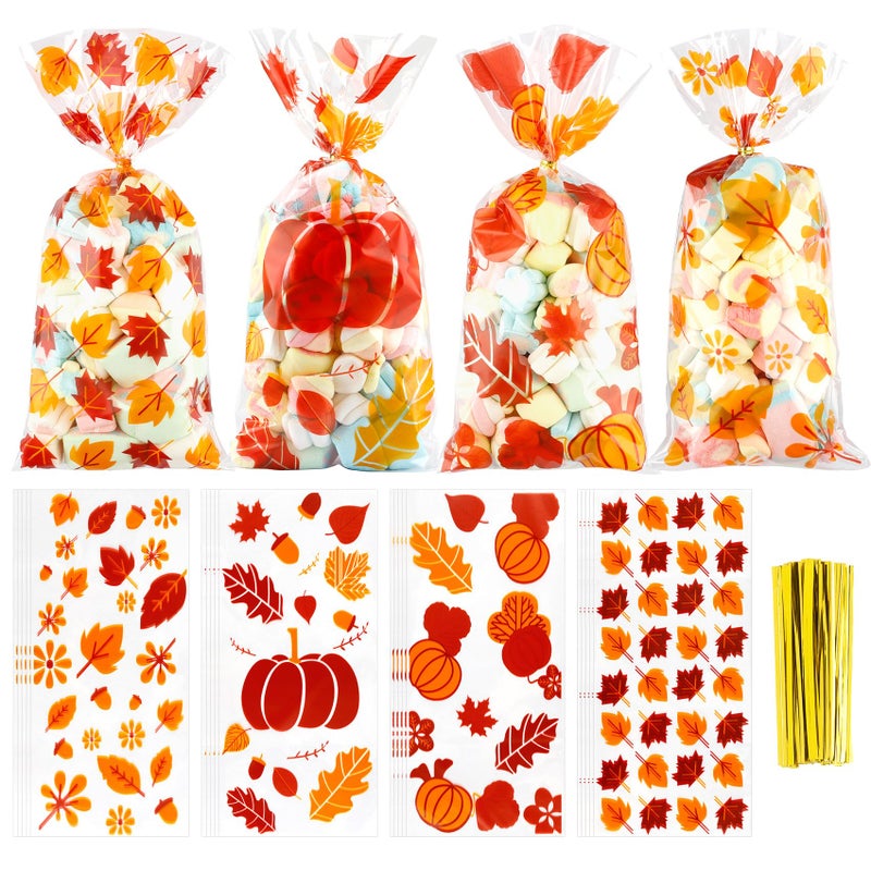 BOEIAC Thanksgiving Treat Bags 100 Pcs Thanksgiving Fall Cellophane Treat Bags  Plastic Autumn Maple Leaves Pumpkin Candy Goodie Bags with Twist Ties for Thanksgiving Fall Theme Party Favor - Image 1